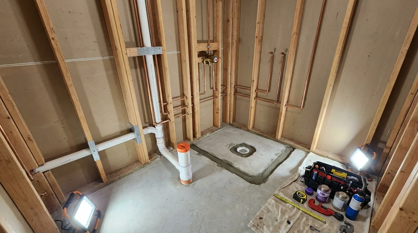 Bathroom rough-in plumbing during remodel by Johns Plumbing LLC in Bayport