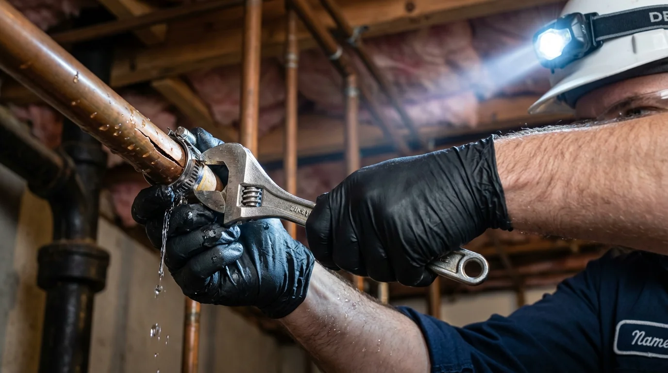 Emergency pipe clamp repair being performed by a Johns Plumbing LLC plumber in Bayport