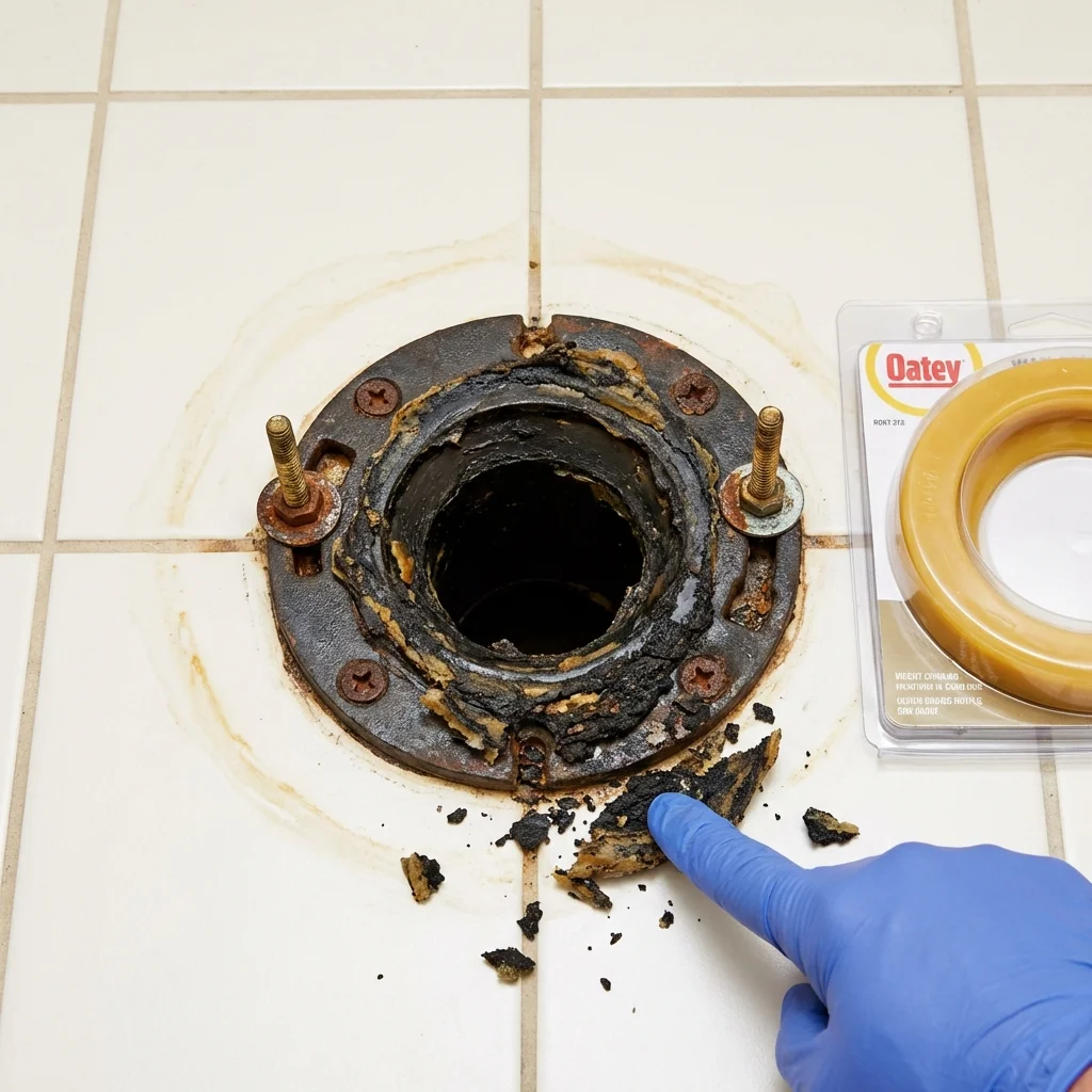 Failed wax ring showing water seepage at the base of a toilet in a Bayport, MN home