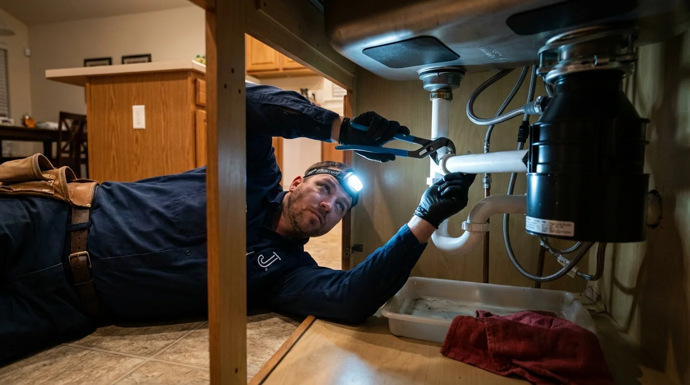 P-trap and supply line connections under a kitchen sink showing a common leak point in Bayport, MN